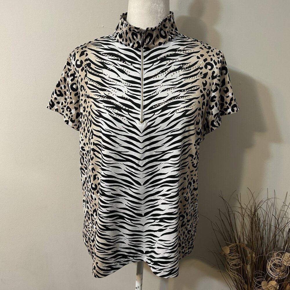 Zenergy Golf by Chico's Animal Print Mock Neck Zip Golf Polo Shirt Rhinestones M